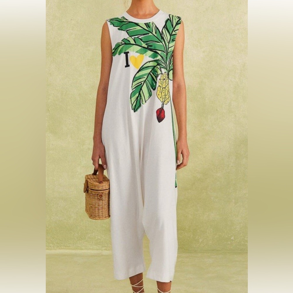 FARM Rio White Jumpsuit with Tropical Leaf Design
